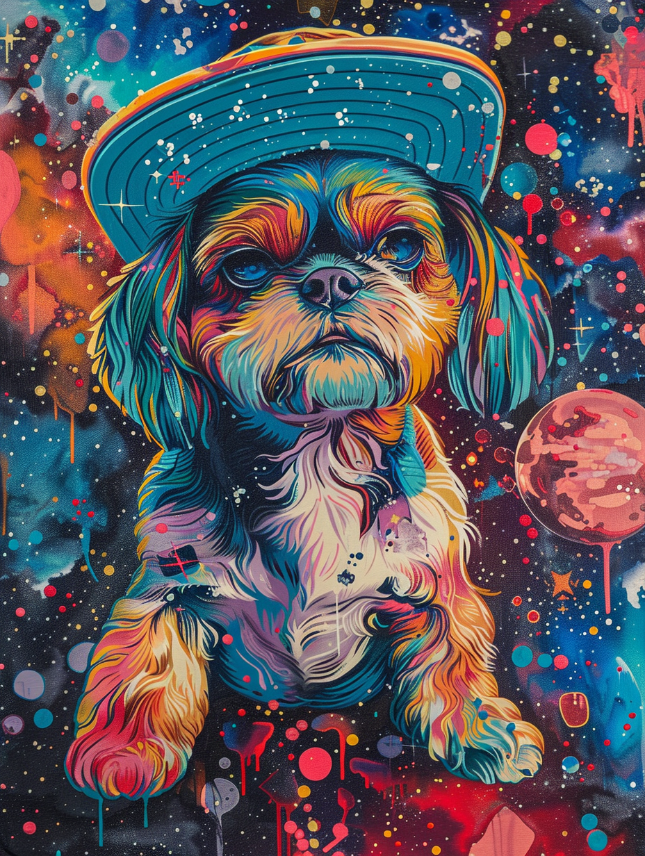 Colorful space Shih Tzu dog with a hat Expressive surreal Poster # F024536