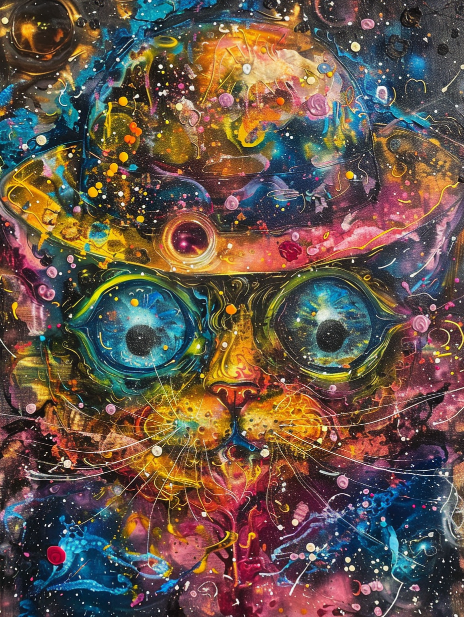 Colorful space Persian cat with a hat Expressive surreal Poster # F025342