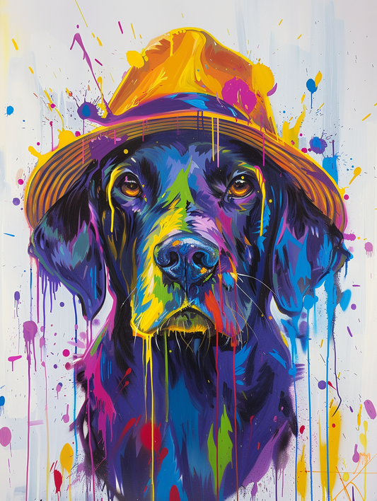 colorful space Labrador Retriever dog with a hat Expressive surreal Poster # F025194