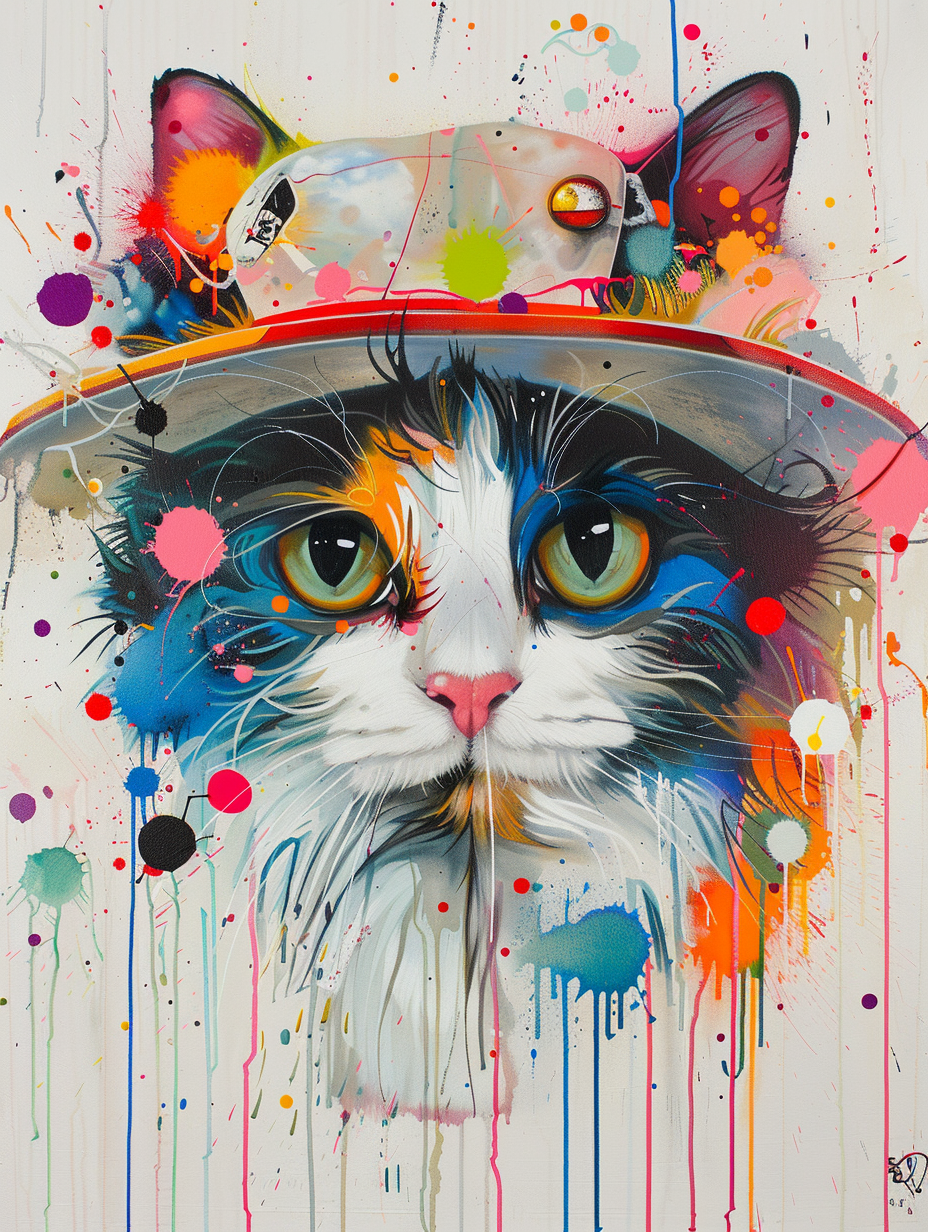Colorful space Norwegian Forest Cat cat with a hat Expressive surreal Poster # F025373