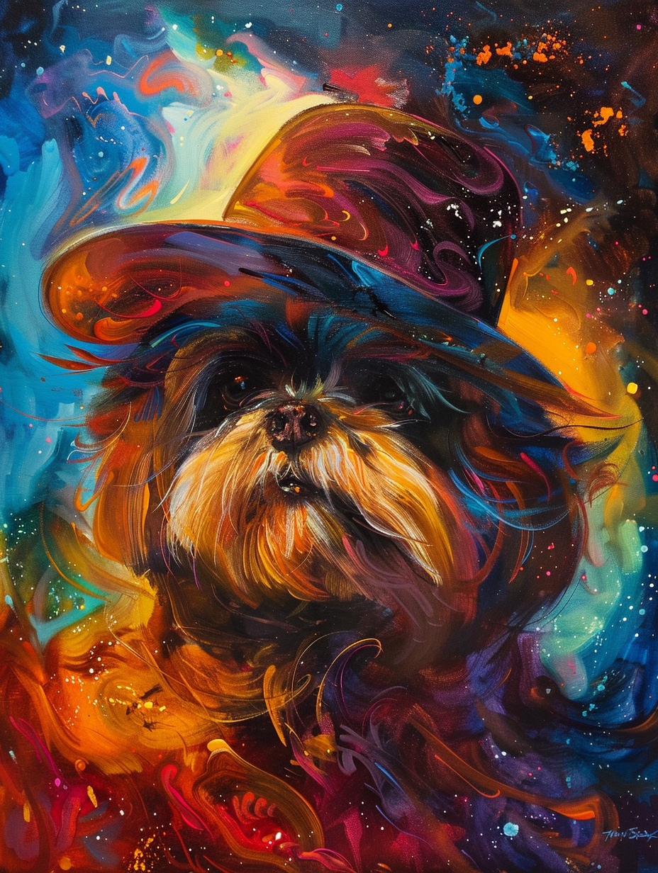 Colorful space Shih Tzu dog with a hat Expressive surreal Poster # F024991