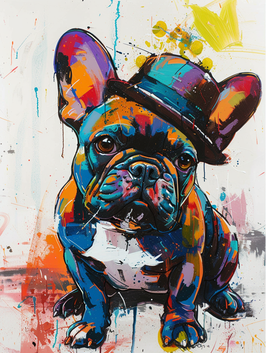 Colorful space French Bulldog dog with a hat Expressive surreal Poster # F025057