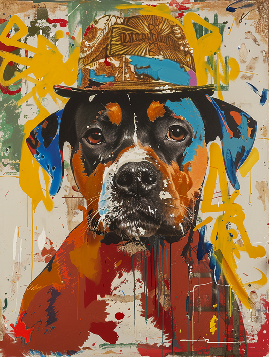 Colorful space Rottweiler dog with a hat Expressive surreal Poster # F025592