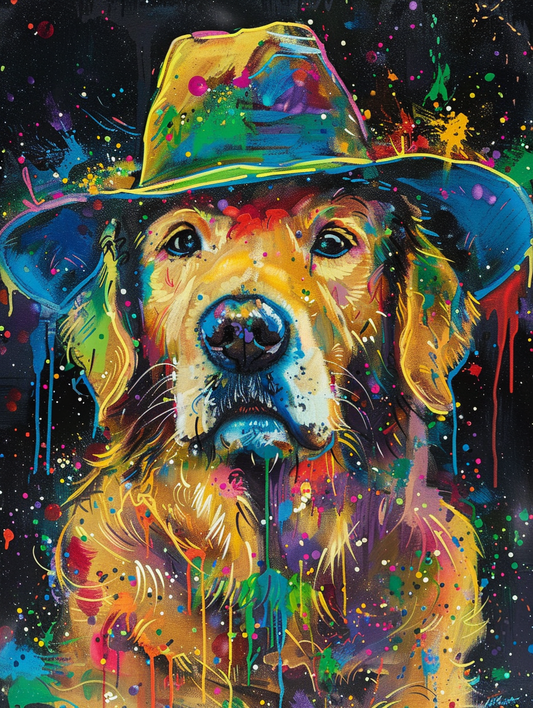 Colorful space Golden Retriever dog with a hat Expressive surreal Poster # F025566