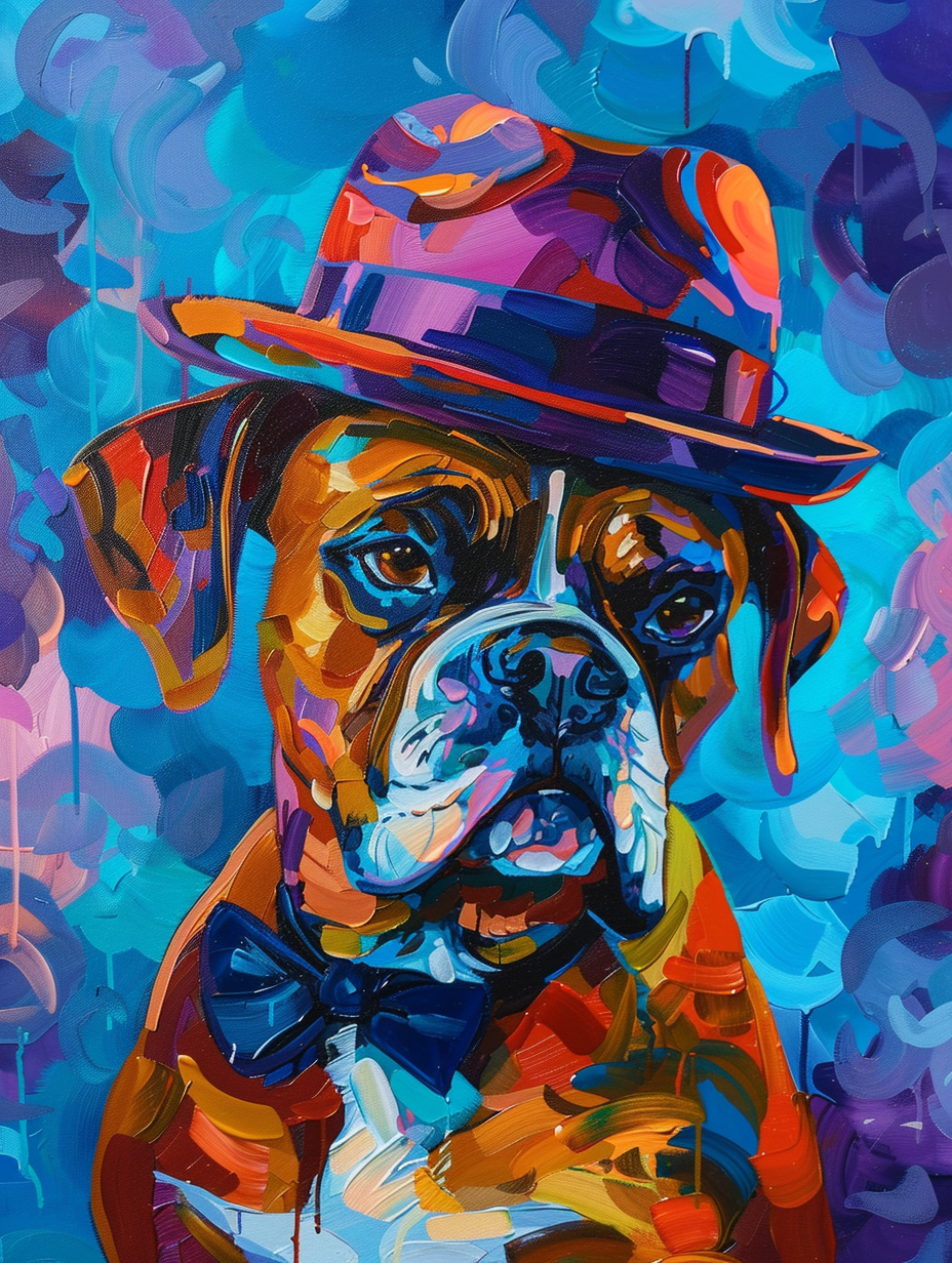 Colorful space Boxer dog with a hat Expressive surreal Poster # F024902