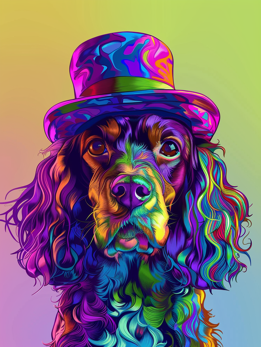 Colorful space Cocker Spaniel dog with a hat Expressive surreal Poster # F025153