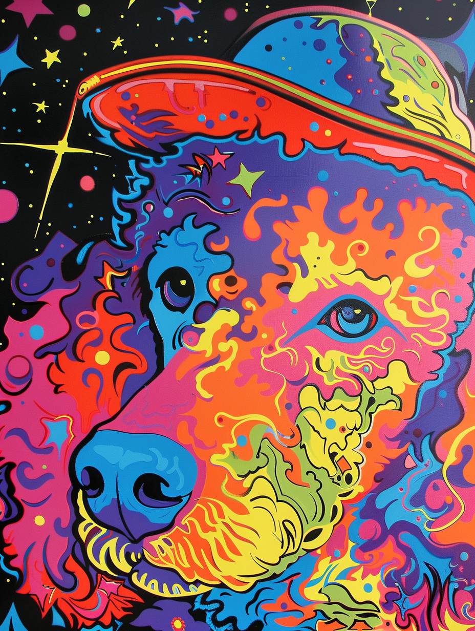 Colorful space Poodle dog with a hat Expressive surreal Poster # F025407