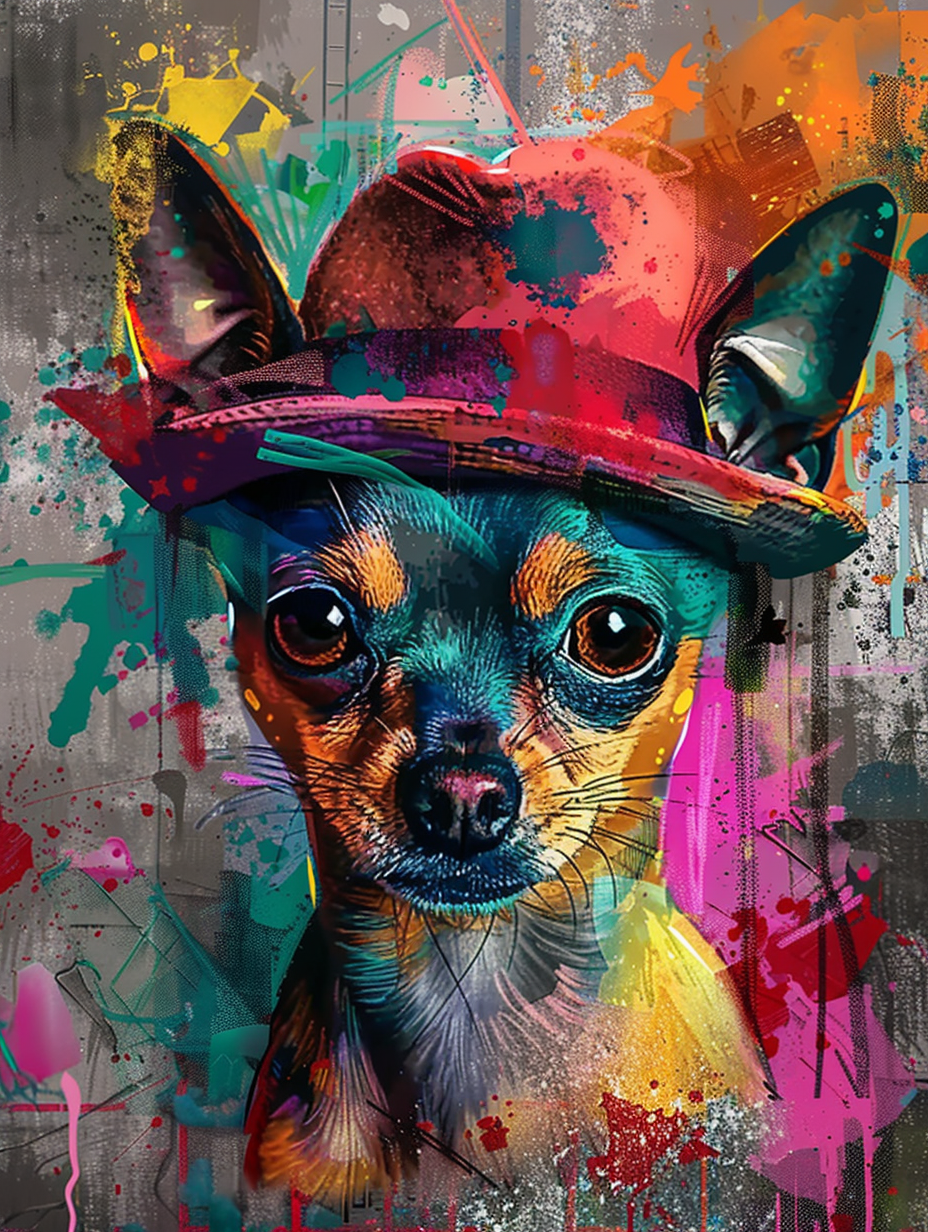 Colorful space Chihuahua dog with a hat by Hebru B Expressive surreal Poster # F024620