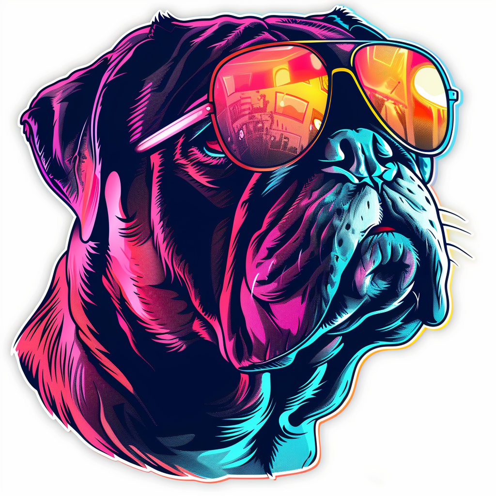 Bulldog Cool Neon Party in sunglasses Expressive surreal Vinyl Decal Sticker for Car, Laptop, Tumbler and more # F018050