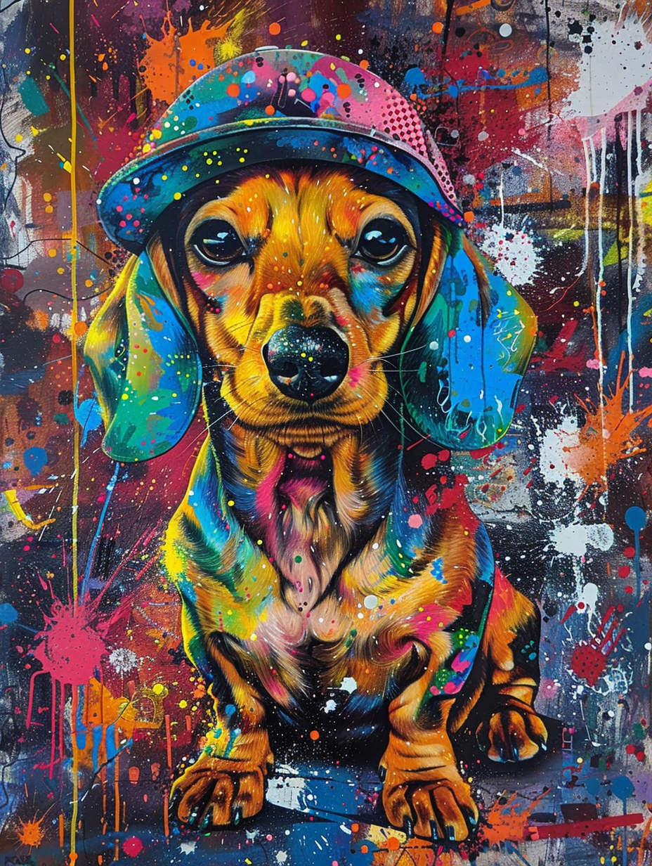 Colorful space Dachshund dog with a hat Expressive surreal Poster # F024541
