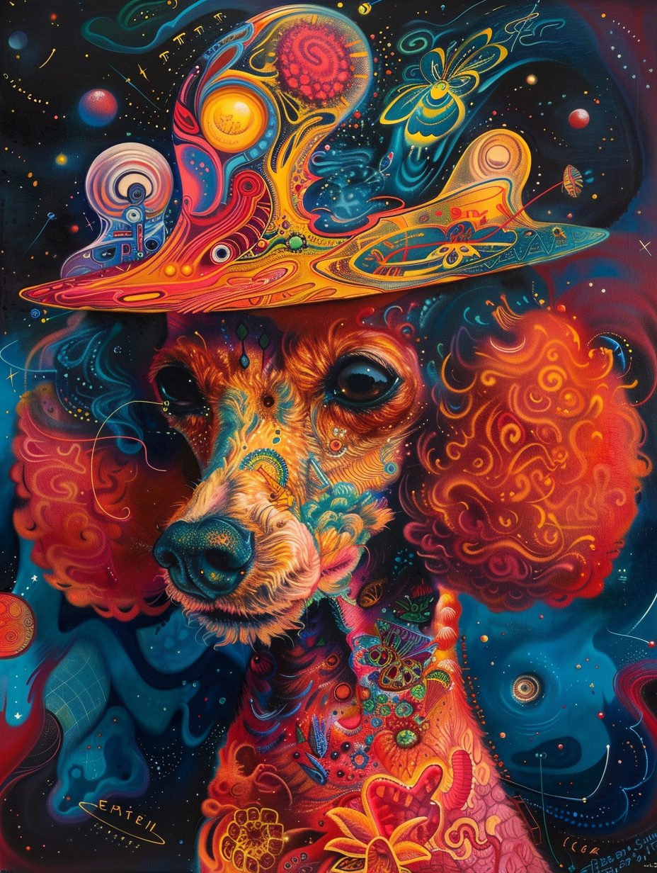 Colorful space Poodle dog with a hat Expressive surreal Poster # F024509