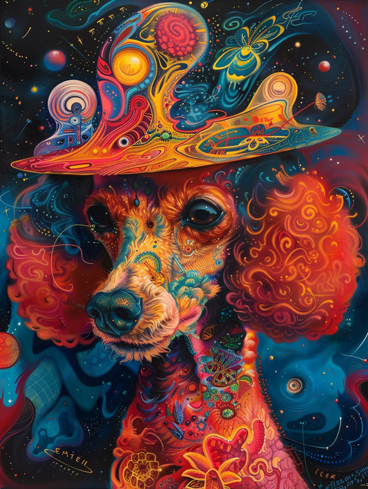 Colorful space Poodle dog with a hat Expressive surreal Poster # F024509