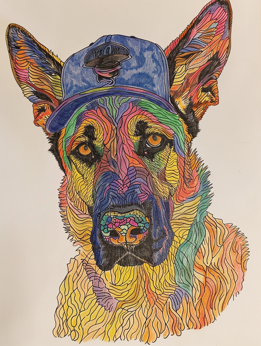 Colorful space German Shepherd dog with a hat Expressive surreal Poster # F024474