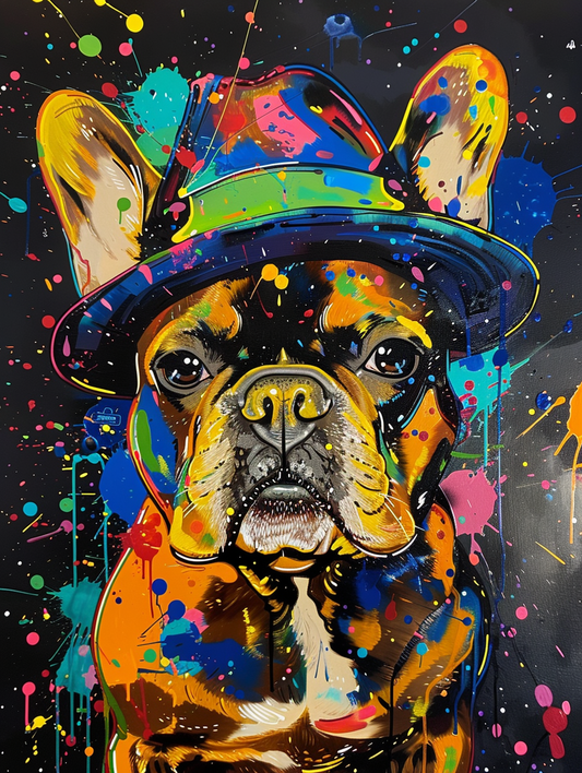 Colorful space French Bulldog dog with a hat Expressive surreal Poster # F024520