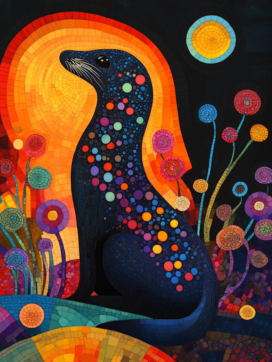 The silhouette of a sea lion with an abstract colo Expressive surreal Poster # F024858