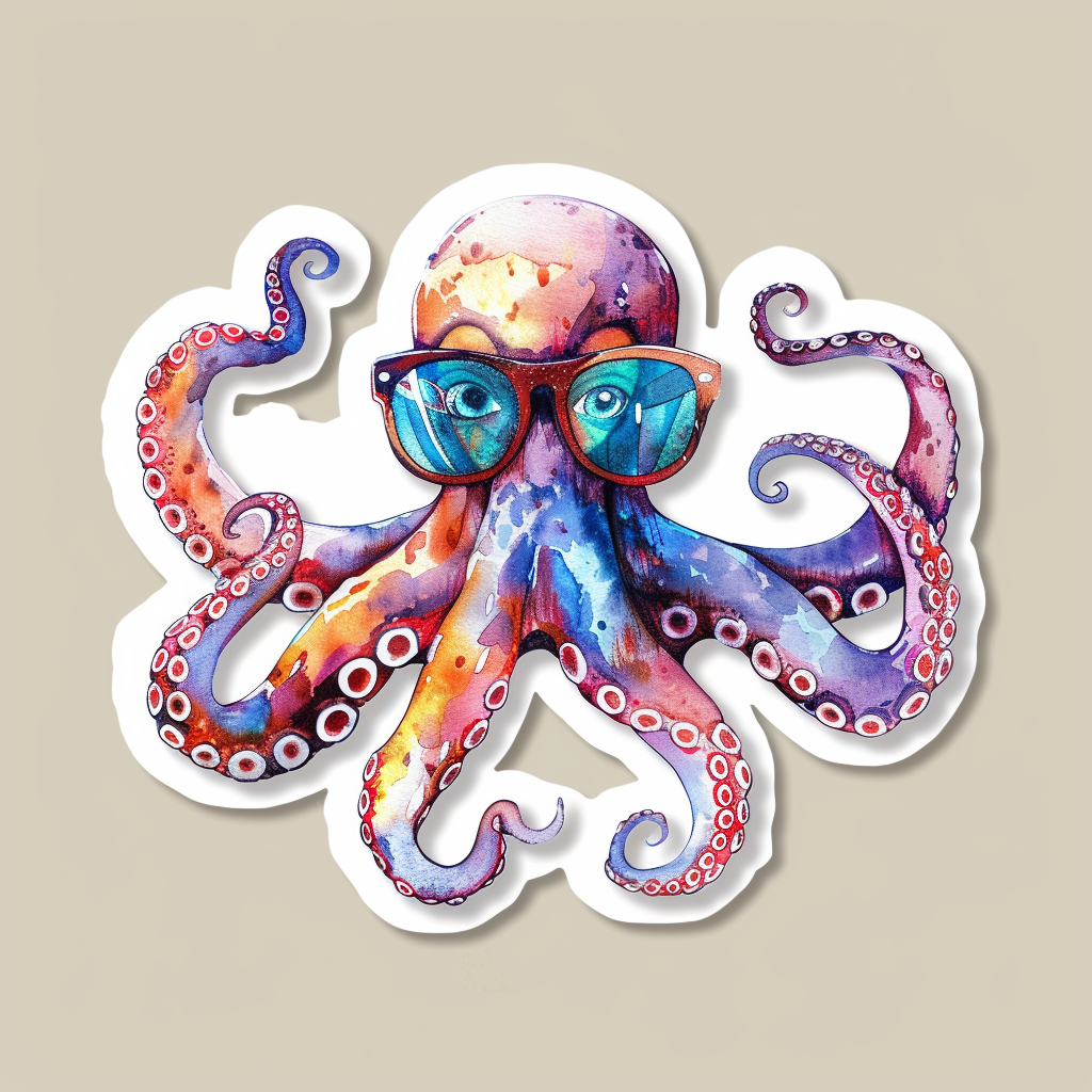 Sticker of a Octopus wearing sunglasses majestic Expressive surreal Vinyl Decal Sticker for Car, Laptop, Tumbler and more # F015418