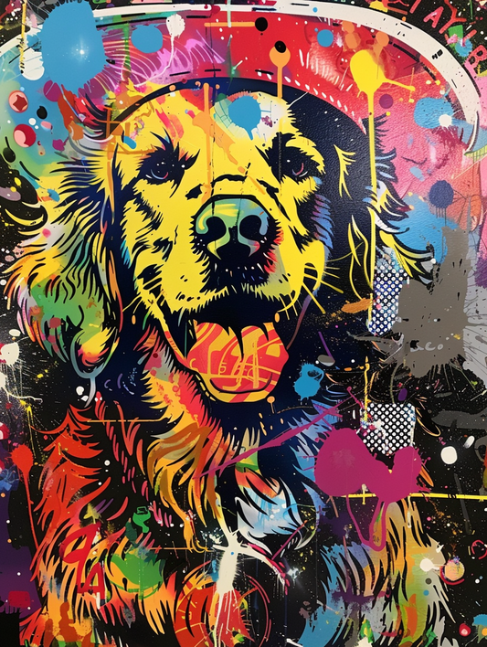 Colorful space Golden Retriever dog with a hat Expressive surreal Poster # F025403