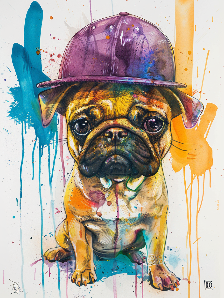 Colorful space Pug dog with a hat by Hebru Brantle Expressive surreal Poster # F024558