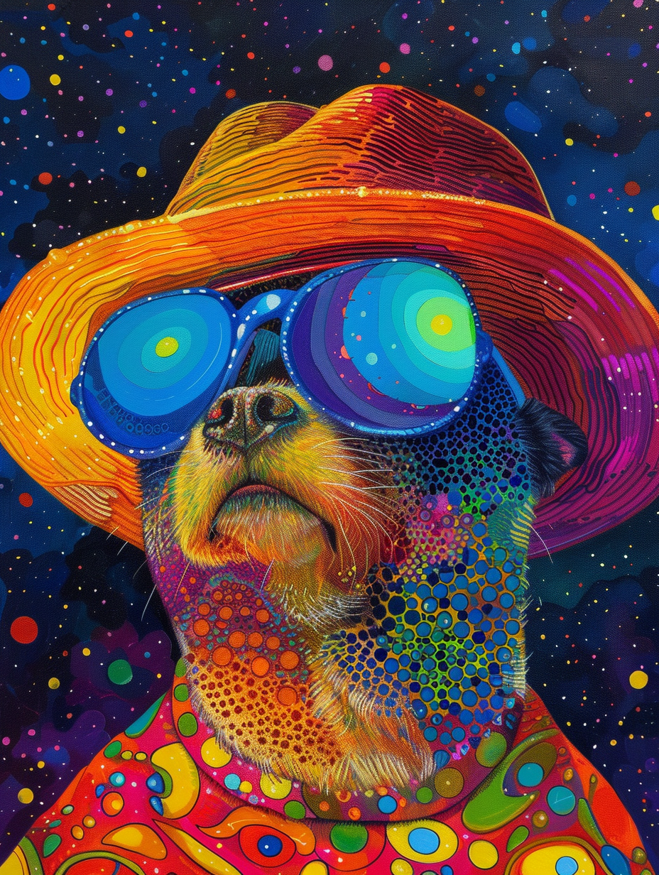 Colorful space Shih Tzu dog with a hat Expressive surreal Poster # F024973