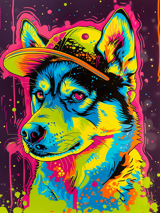 Colorful space Siberian Husky dog with a hat Expressive surreal Poster # F025140