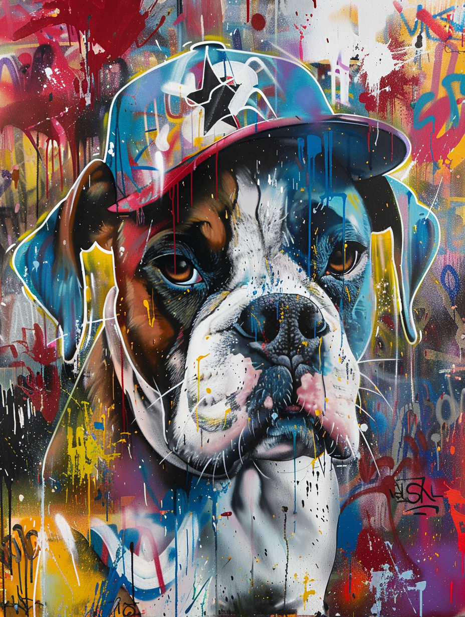 Colorful space Boxer dog with a hat Expressive surreal Poster # F024422