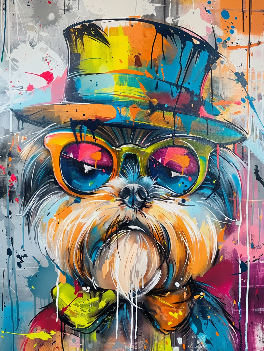 Colorful space Shih Tzu dog with a hat Expressive surreal Poster # F024939