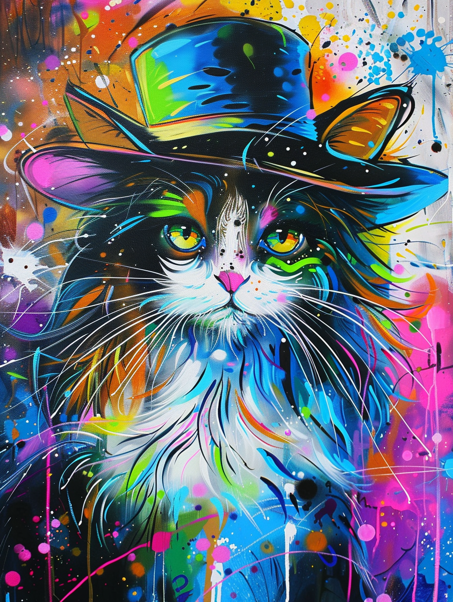 Colorful space Norwegian Forest Cat cat with a hat Expressive surreal Poster # F025209
