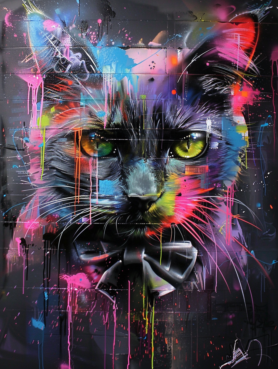 Colorful space Ragdoll cat with a bow tie Expressive surreal Poster # F024709