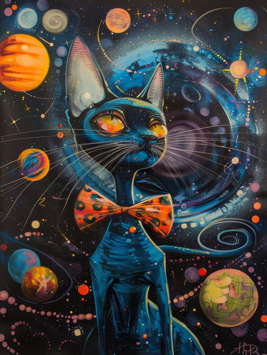 Colorful space Russian Blue cat with a bow tie Expressive surreal Poster # F024345