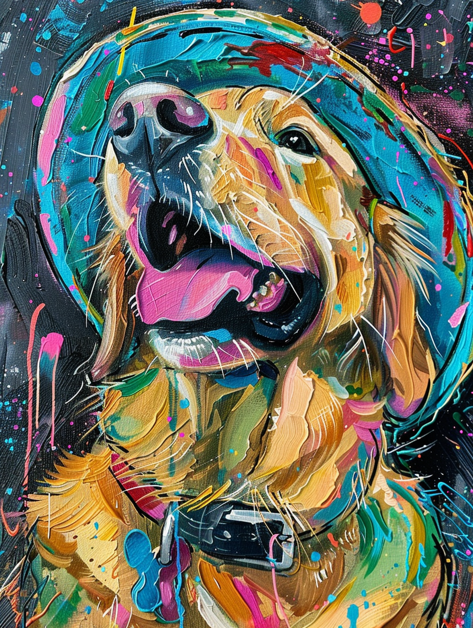 Colorful space Golden Retriever dog with a hat Expressive surreal Poster # F025387