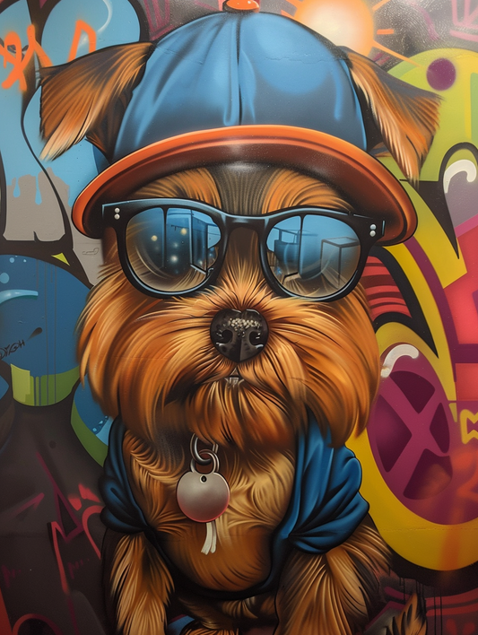 Colorful space Yorkshire Terrier dog with a hat Expressive surreal Poster # F025102