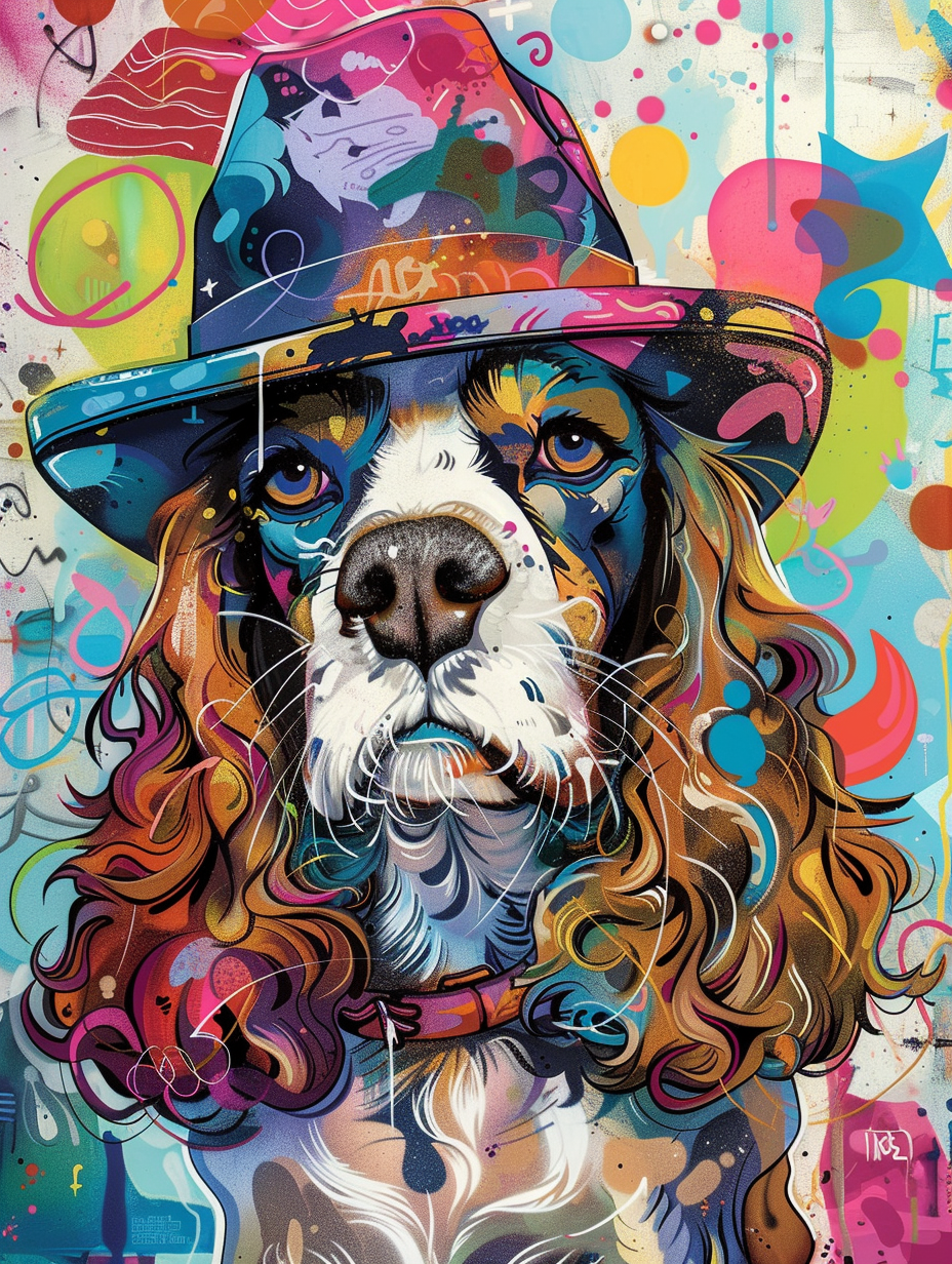 Colorful space Cocker Spaniel dog with a hat Expressive surreal Poster # F024543