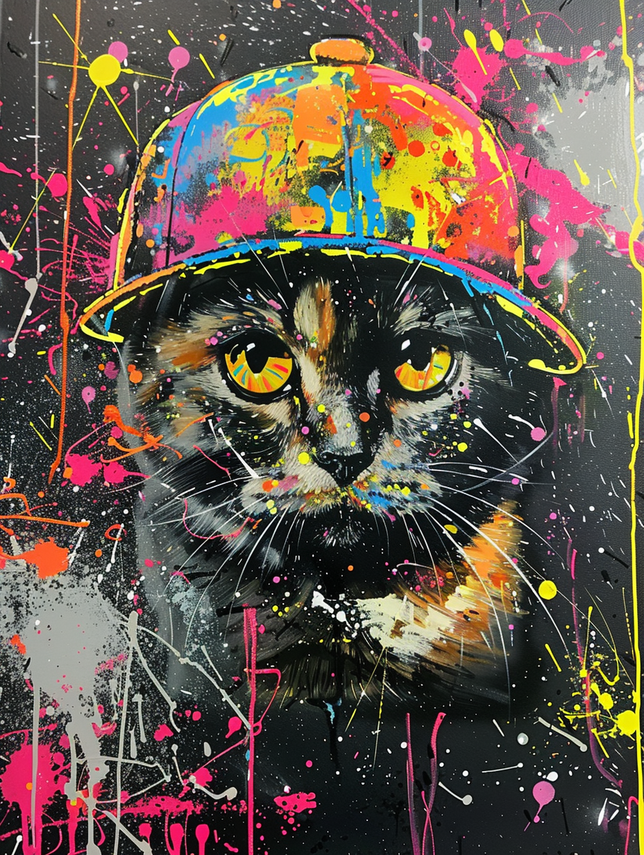 Colorful space Scottish Fold cat with a hat Expressive surreal Poster # F025306