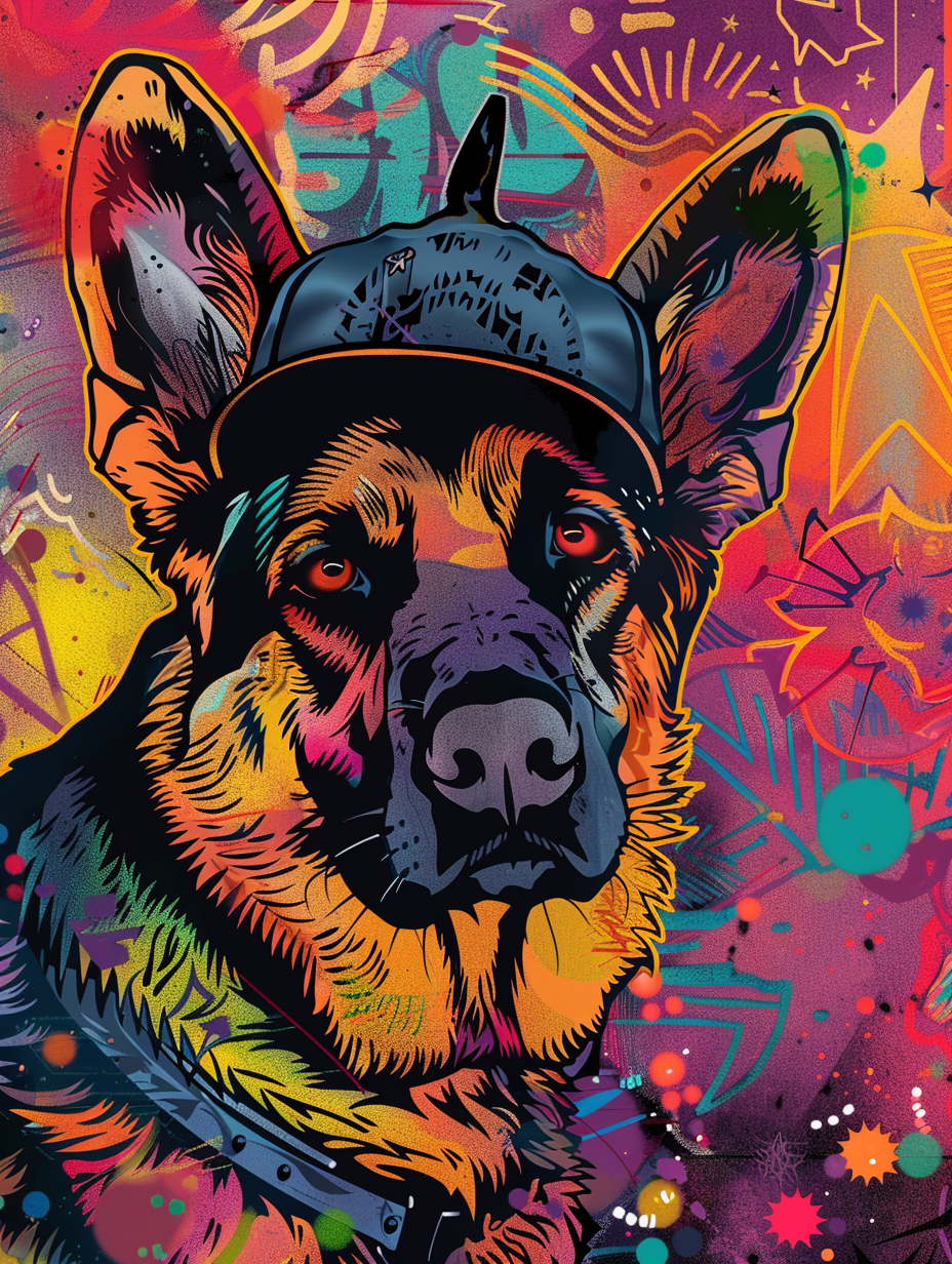 colorful space German Shepherd dog with a hat Expressive surreal Poster # F025579