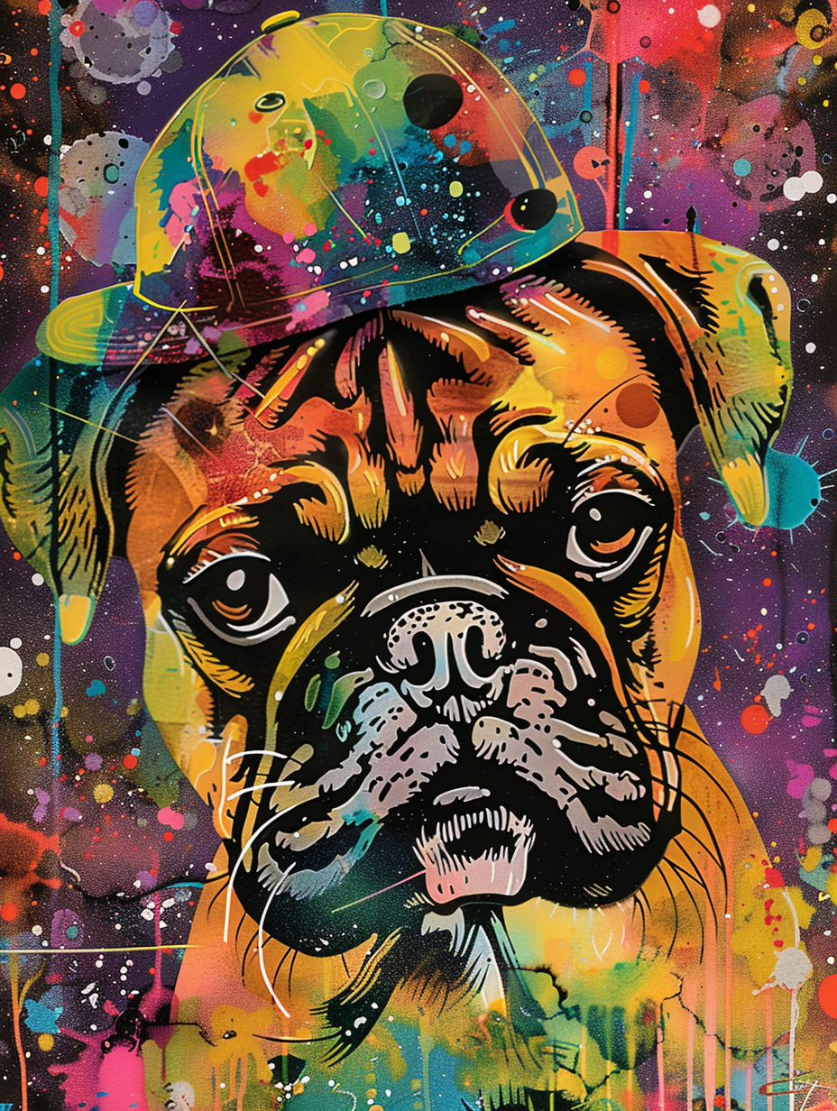 Colorful space Boxer dog with a hat Expressive surreal Poster # F024983