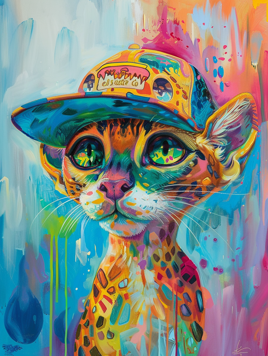 Colorful space Savannah cat with a hat Expressive surreal Poster # F025225