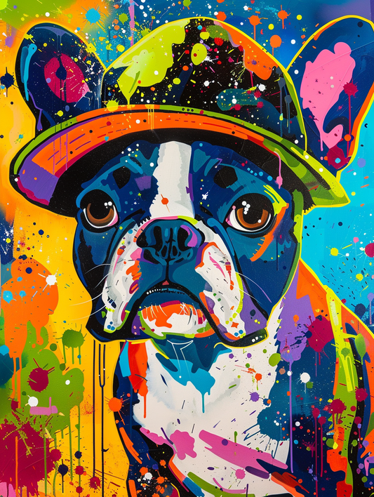 colorful space Boston Terrier dog with a hat Expressive surreal Poster # F025001