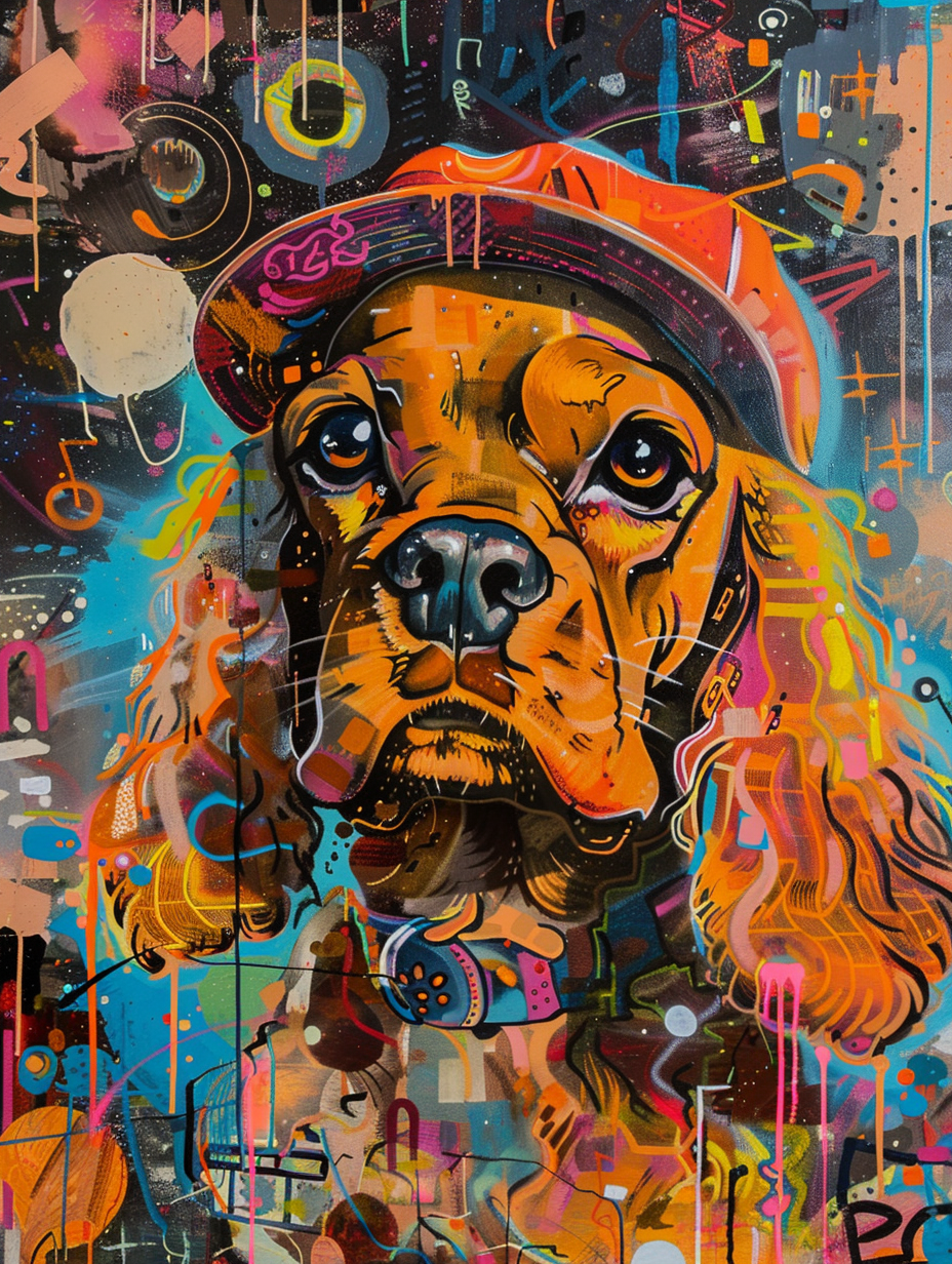 Colorful space Cocker Spaniel dog with a hat Expressive surreal Poster # F025127