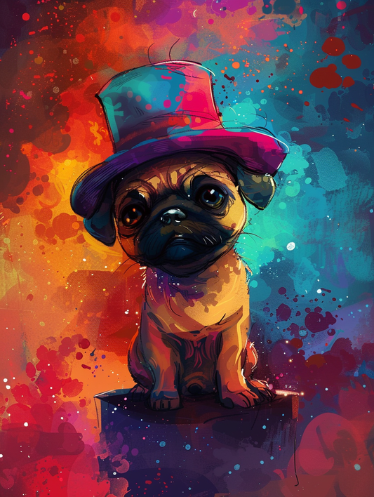 Colorful space Pug dog with a hat Expressive surreal Poster # F025147