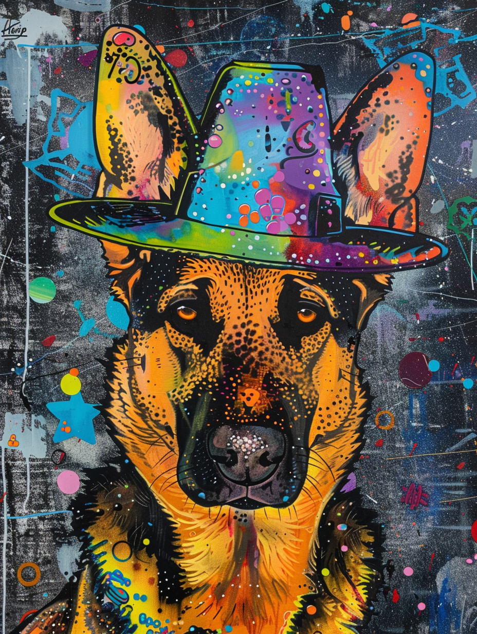 Colorful space German Shepherd dog with a hat Expressive surreal Poster # F024451