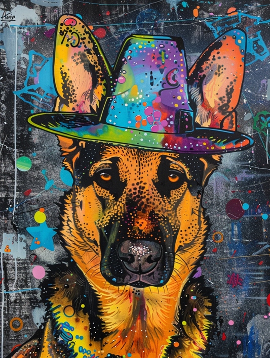 Colorful space German Shepherd dog with a hat Expressive surreal Poster # F024451