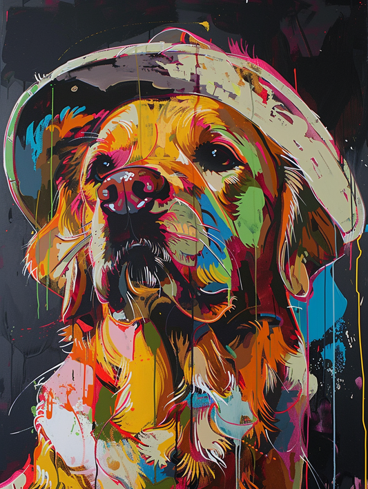 colorful space Golden Retriever dog with a hat Expressive surreal Poster # F025183