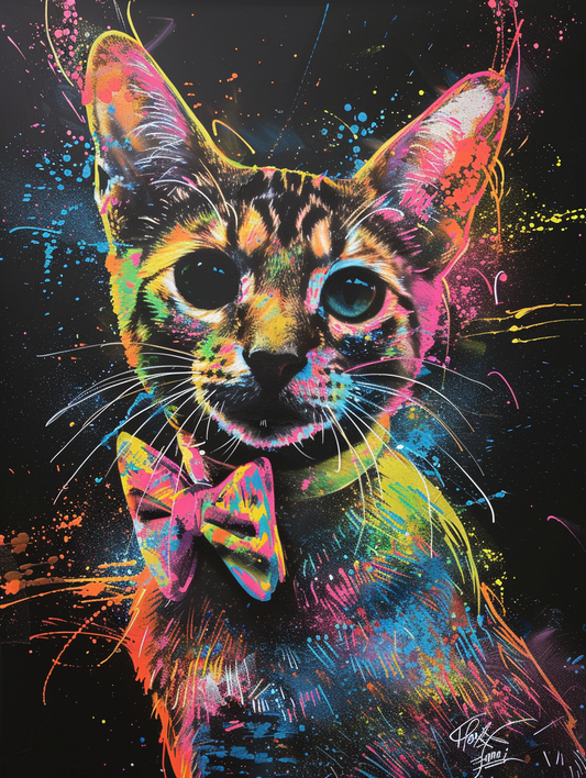 Colorful space Savannah cat with a bow tie Expressive surreal Poster # F024333