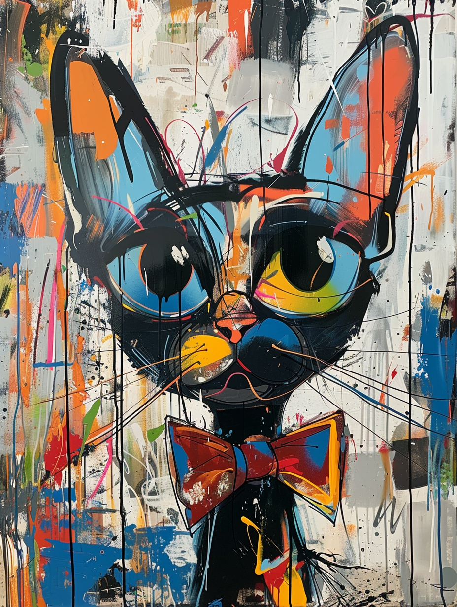 Colorful space Siamese cat with a bow tie Expressive surreal Poster # F024704