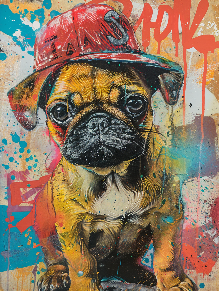 Colorful space Pug dog with a hat Expressive surreal Poster # F024401