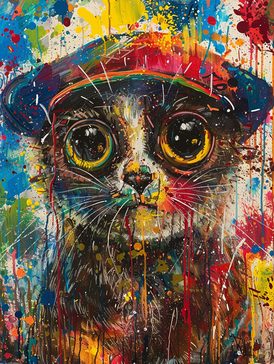 colorful space Scottish Fold cat with a hat Expressive surreal Poster # F024634
