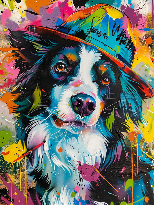 Colorful space Border Collie dog with a hat Expressive surreal Poster # F024410