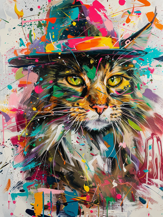 Colorful space Maine Coon cat with a hat Expressive surreal Poster # F024586