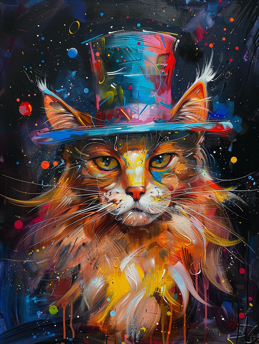 Colorful space Maine Coon cat with a hat by Hebru Expressive surreal Poster # F024603