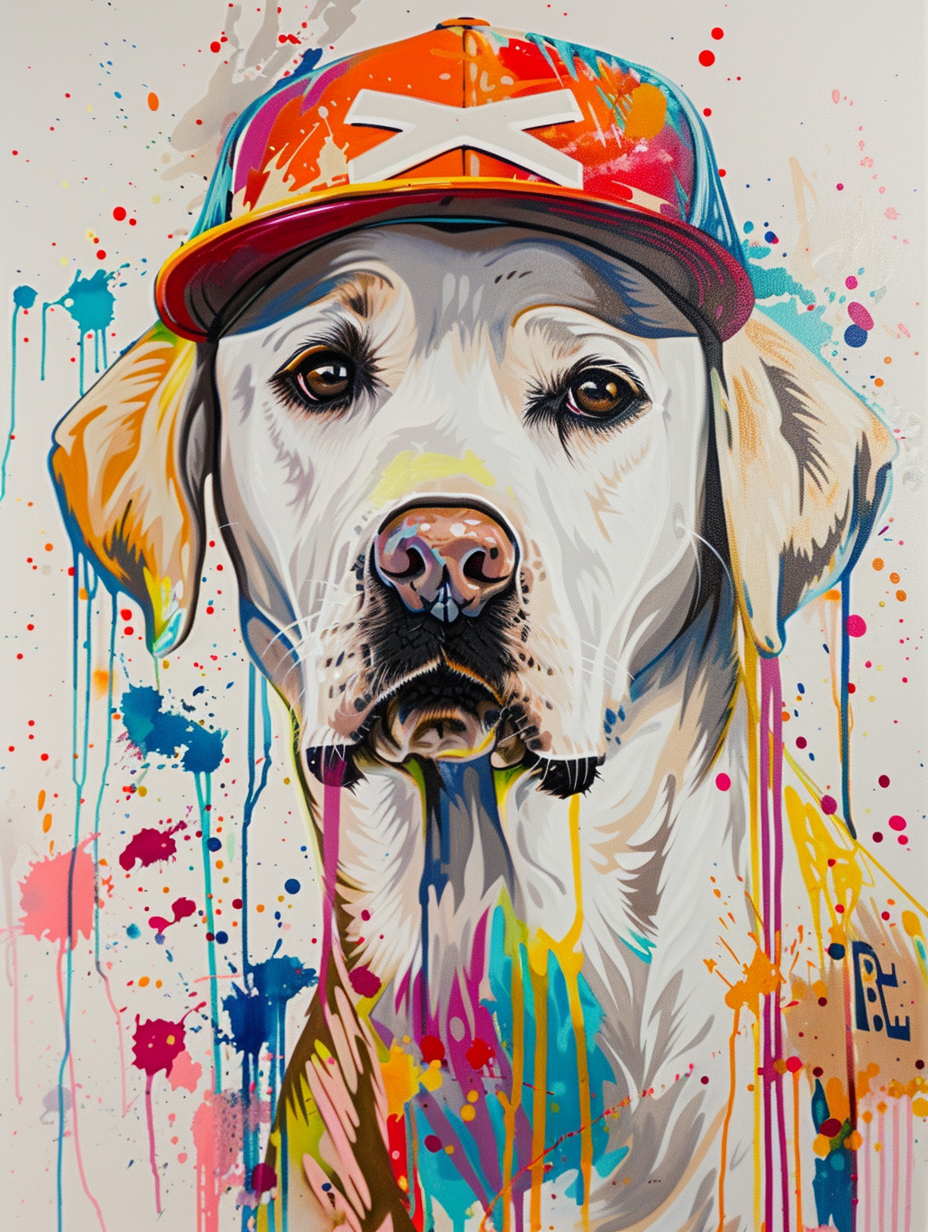 colorful space Labrador Retriever dog with a hat Expressive surreal Poster # F025050